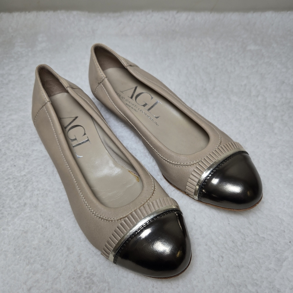 AGL Ruffle Cap Toe Shoes Ballet Low Heels Leather Metallic 38 EU 7.5 US